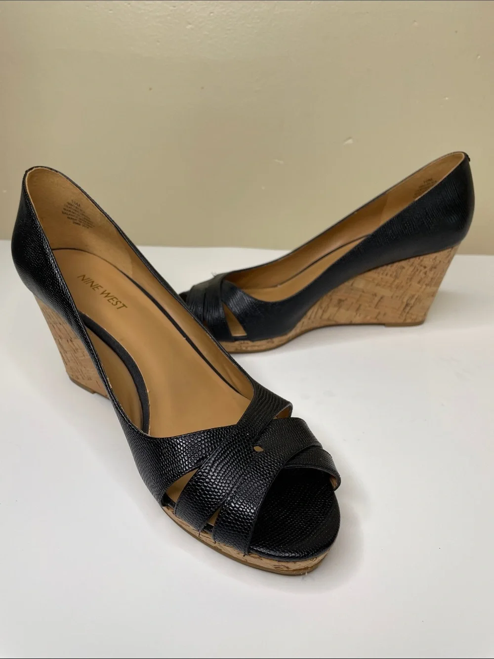 NINE WEST Black Pebble Leather JELICA Open-Toe Cork Wedge Pumps 10